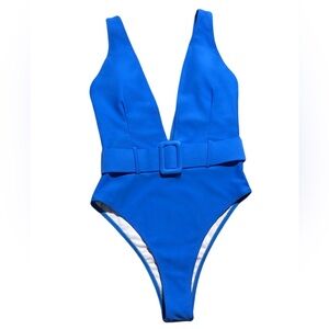 Deep V Neck High Cut Belted One Piece Swimsuit.